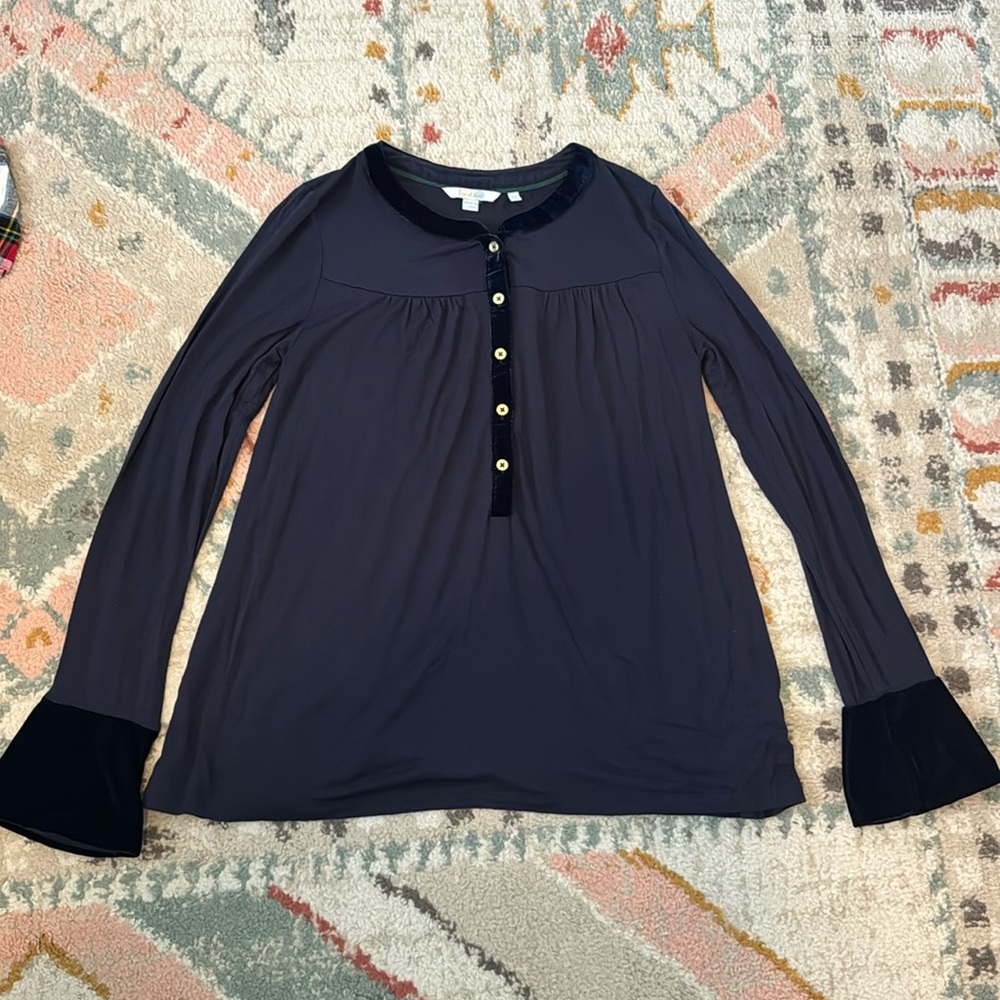 Boden navy blue top with velvet trim and bell sleeves